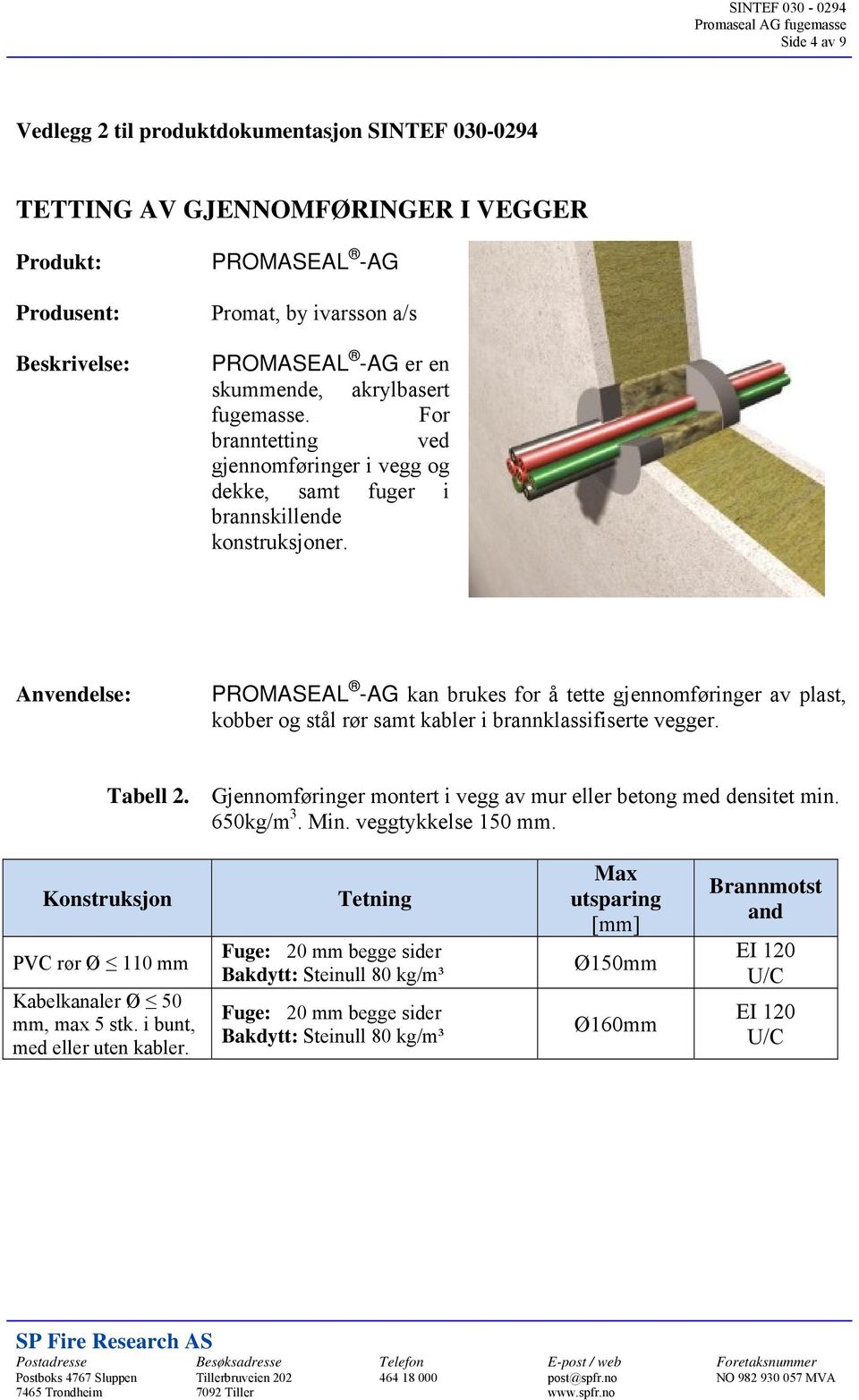 Anvendelse: PROMASEAL -AG kan brukes for å tette gjennomføringer av plast, kobber og stål rør samt kabler i brannklassifiserte vegger. Tabell 2.