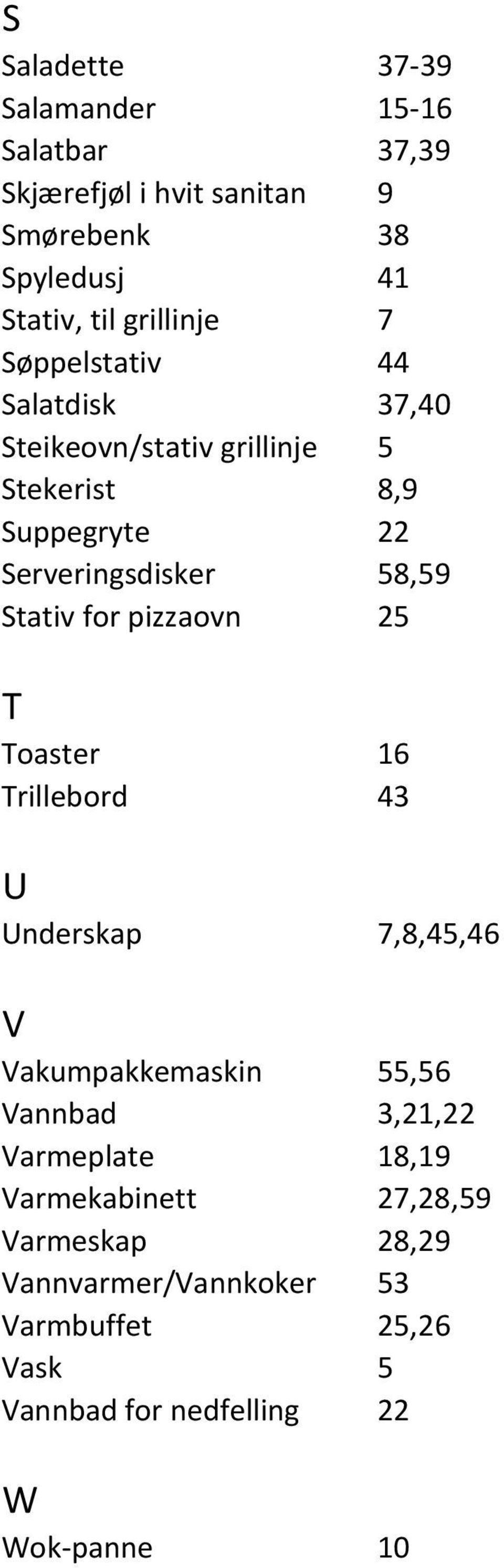 Stativ for pizzaovn 25 T Toaster 16 Trillebord 43 U Underskap 7,8,45,46 V Vakumpakkemaskin 55,56 Vannbad 3,21,22 Varmeplate