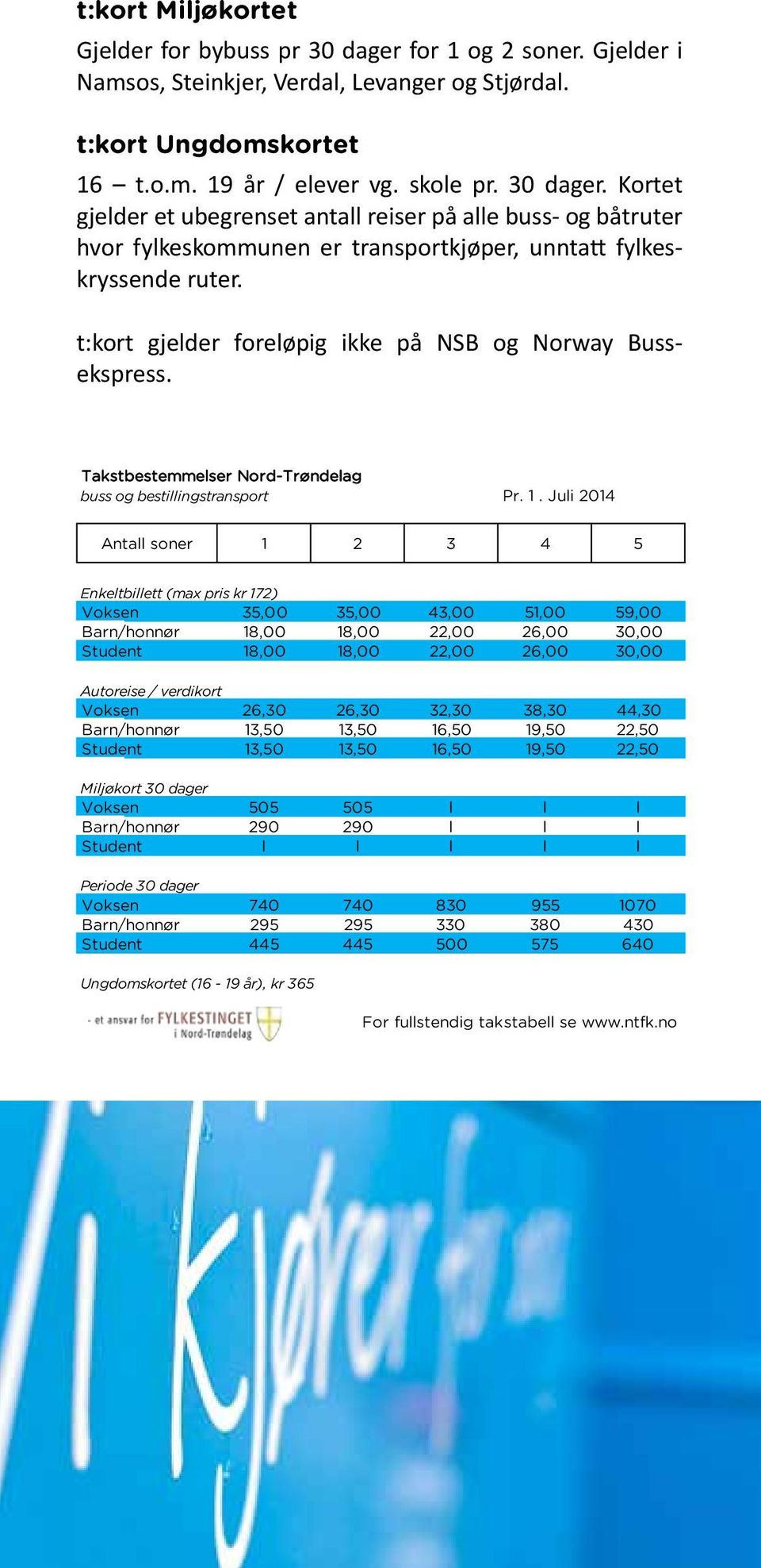 Juli 2014 Antall soner 1 2 3 4 5 Enkeltbillett (max pris kr 172) Voksen Barn/honnør Student 35,00 18,00 18,00 35,00 18,00 18,00 43,00 22,00 22,00 51,00 26,00 26,00 59,00 30,00 30,00 Autoreise /