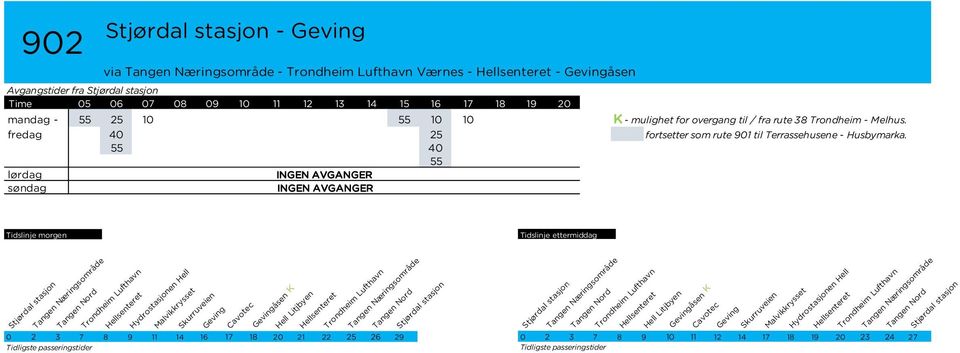 55 40 55 lørdag søndag - Geving INGEN AVGANGER INGEN AVGANGER Tidslinje morgen Tidslinje ettermiddag Tangen Næringsområde Tangen Nord Hellsenteret Trondheim Lufthavn Hydrostasjonen Hell Malvikkrysset