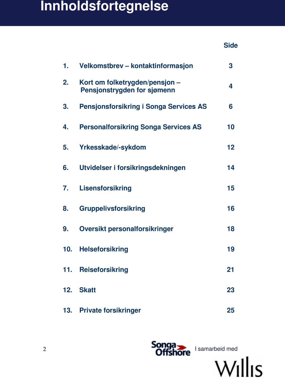 Personalforsikring Songa Services AS 10 5. Yrkesskade/-sykdom 12 6. Utvidelser i forsikringsdekningen 14 7.