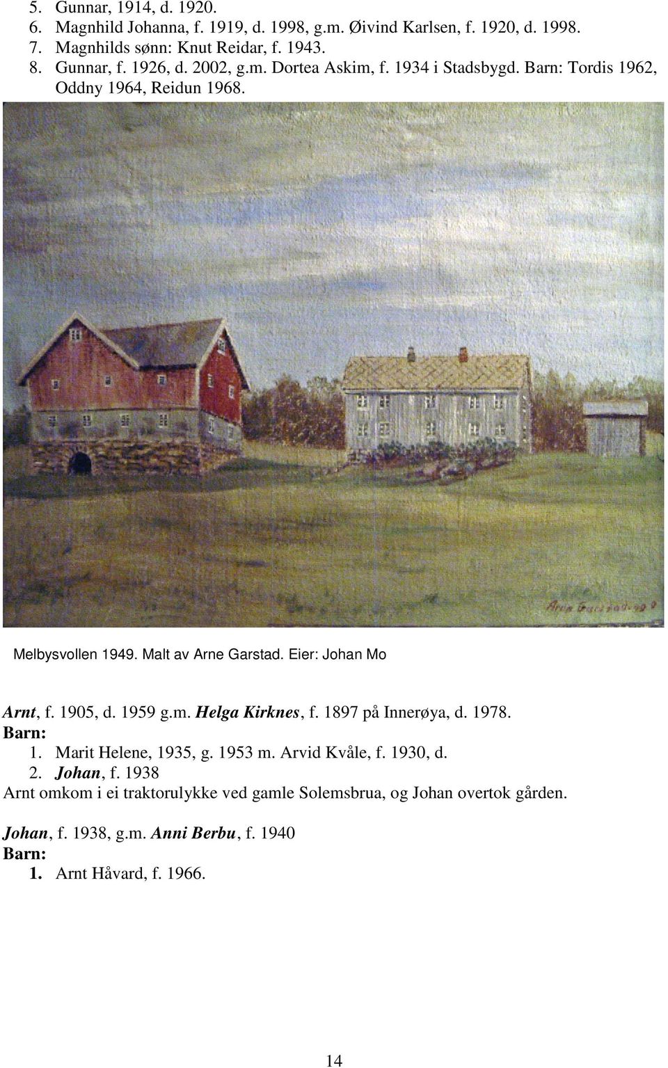 Eier: Johan Mo Arnt, f. 1905, d. 1959 g.m. Helga Kirknes, f. 1897 på Innerøya, d. 1978. 1. Marit Helene, 1935, g. 1953 m. Arvid Kvåle, f. 1930, d. 2.