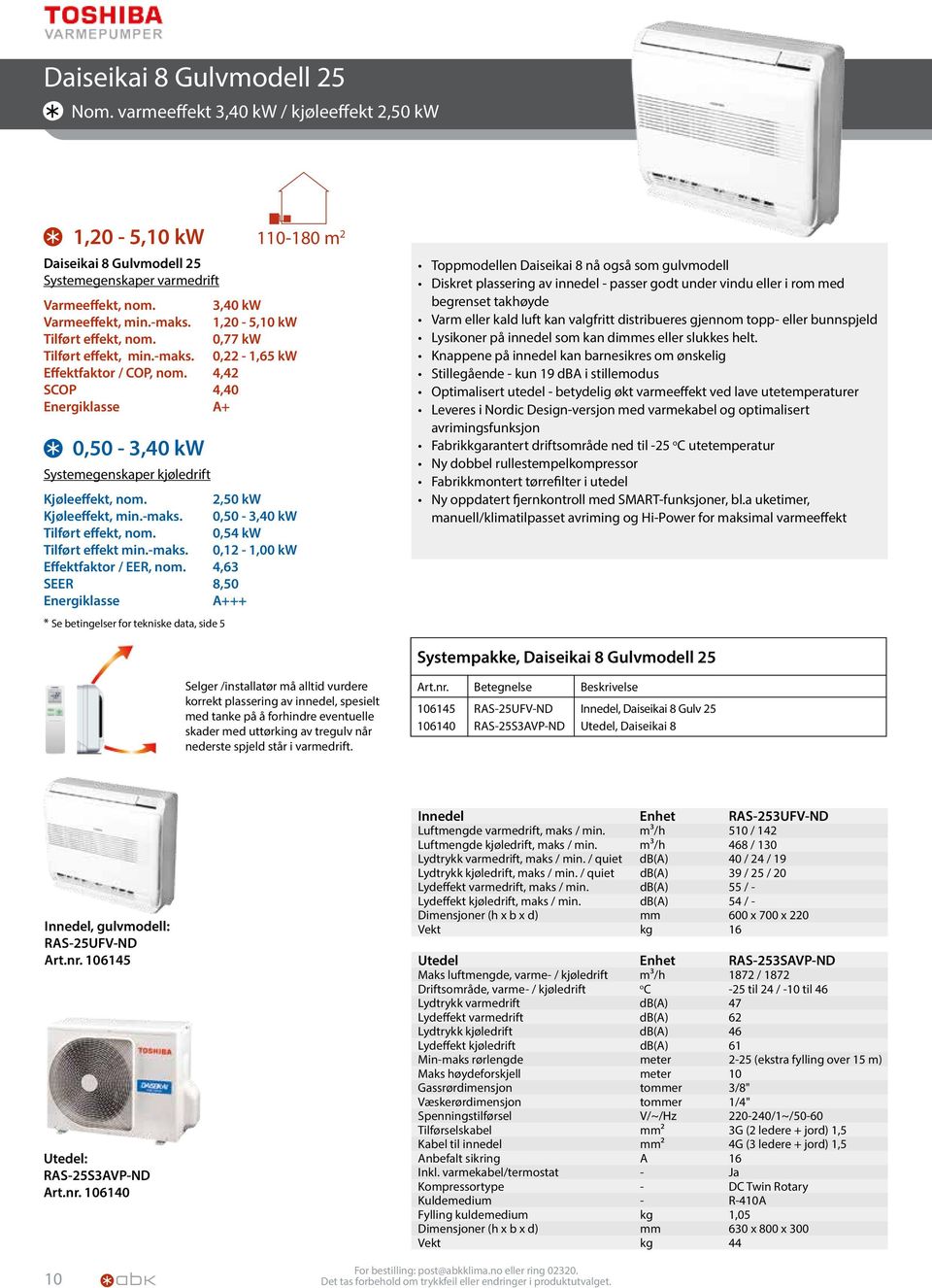 4,42 SCOP 4,40 Energiklasse A+ 0,50-3,40 kw Systemegenskaper kjøledrift Kjøleeffekt, nom. 2,50 kw Kjøleeffekt, min.-maks. 0,50-3,40 kw Tilført effekt, nom. 0,54 kw Tilført effekt min.-maks. 0,12-1,00 kw Effektfaktor / EER, nom.