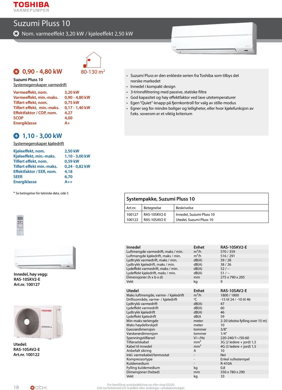 4,27 SCOP 4,00 Energiklasse A+ Suzumi Pluss er den enkleste serien fra Toshiba som tilbys det norske markedet Innedel i kompakt design 3-trinnsfiltrering med passive, statiske filtre God kapasitet og