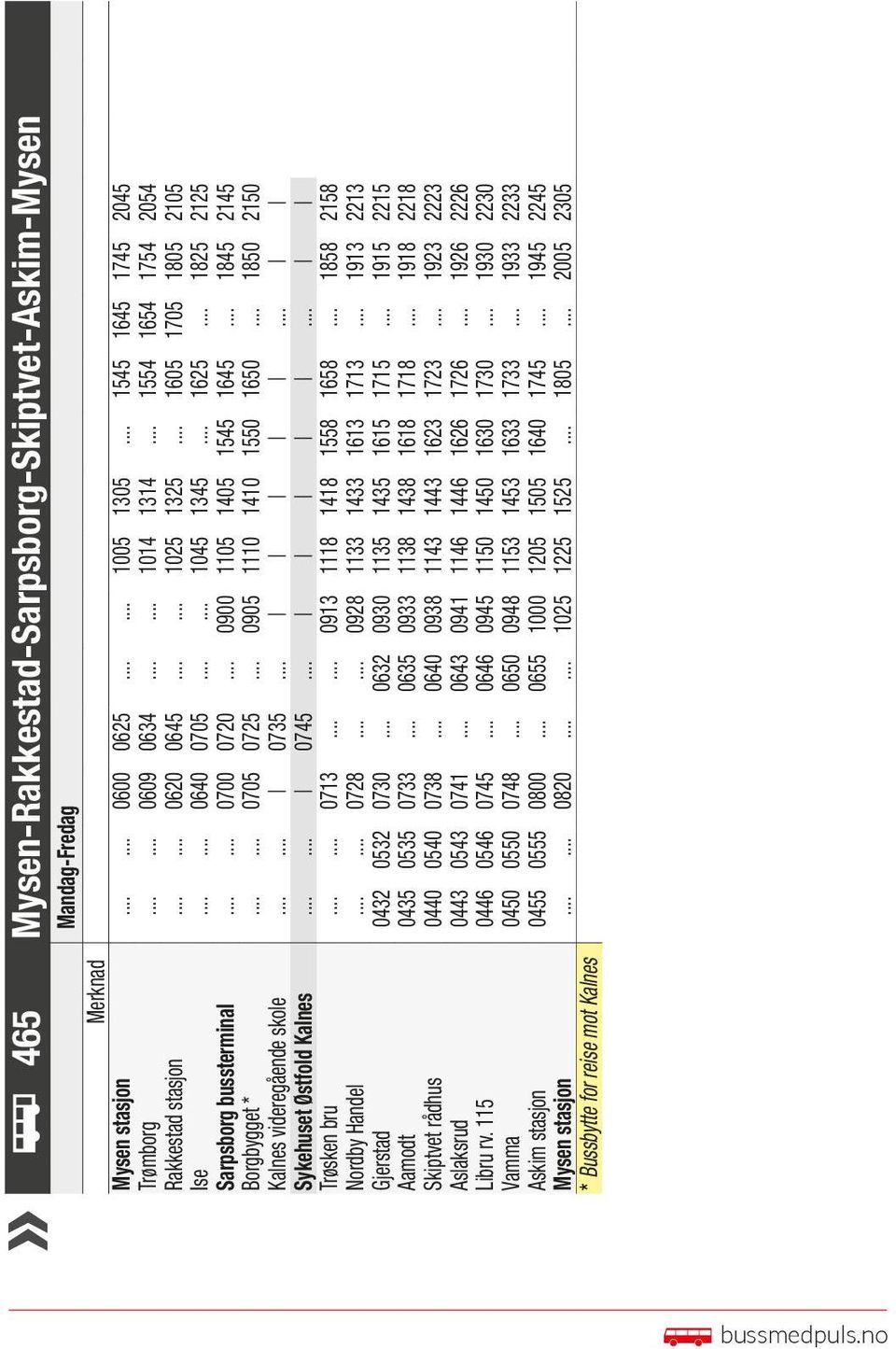 .. 0900 1105 1405 1545 1645... 1845 2145 Borgbygget *...... 0705 0725... 0905 1110 1410 1550 1650... 1850 2150 Kalnes videregående skole...... 0735...... Sykehuset Østfold Kalnes...... 0745.