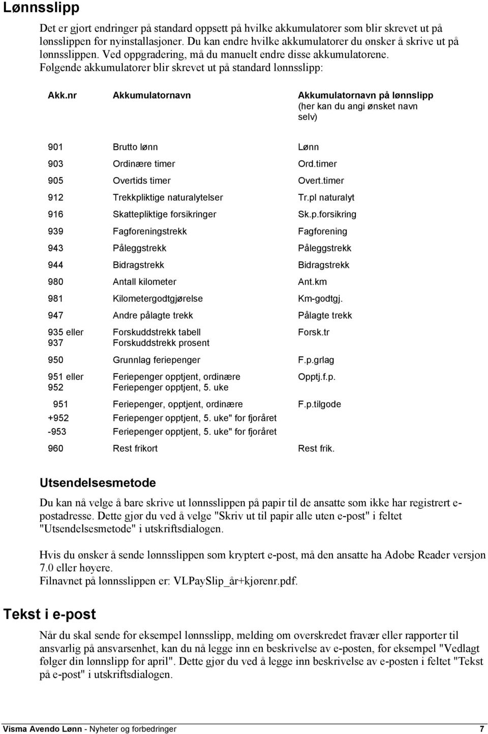 nr Akkumulatornavn Akkumulatornavn på lønnslipp (her kan du angi ønsket navn selv) 901 Brutto lønn Lønn 903 Ordinære timer Ord.timer 905 Overtids timer Overt.timer 912 Trekkpliktige naturalytelser Tr.