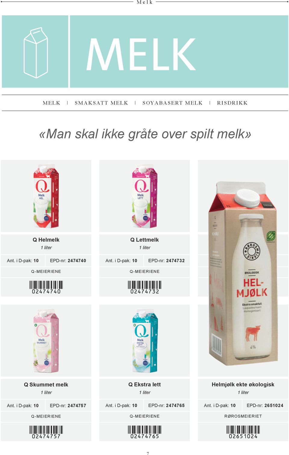 EPD-nr: 2474732 Q Skummet melk 1 liter Q Ekstra lett 1 liter Helmjølk ekte