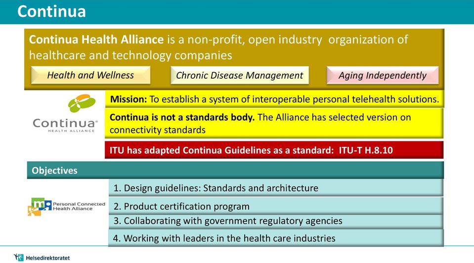 The Alliance has selected version on connectivity standards ITU has adapted Continua Guidelines as a standard: ITU-T H.8.10 Objectives 1.