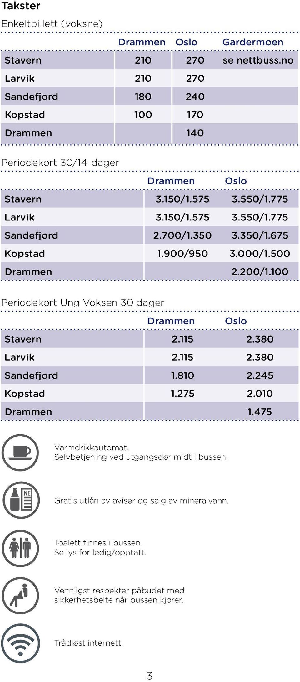 100 Stillesone Periodekort Ung Voksen 30 dager Barnevogn Drammen Oslo Ski Sikkerhetsbelte Mineralvann og aviser Høretelefon Mobiltelefon forbud WiFi Trådløs sone Stavern 2.115 2.