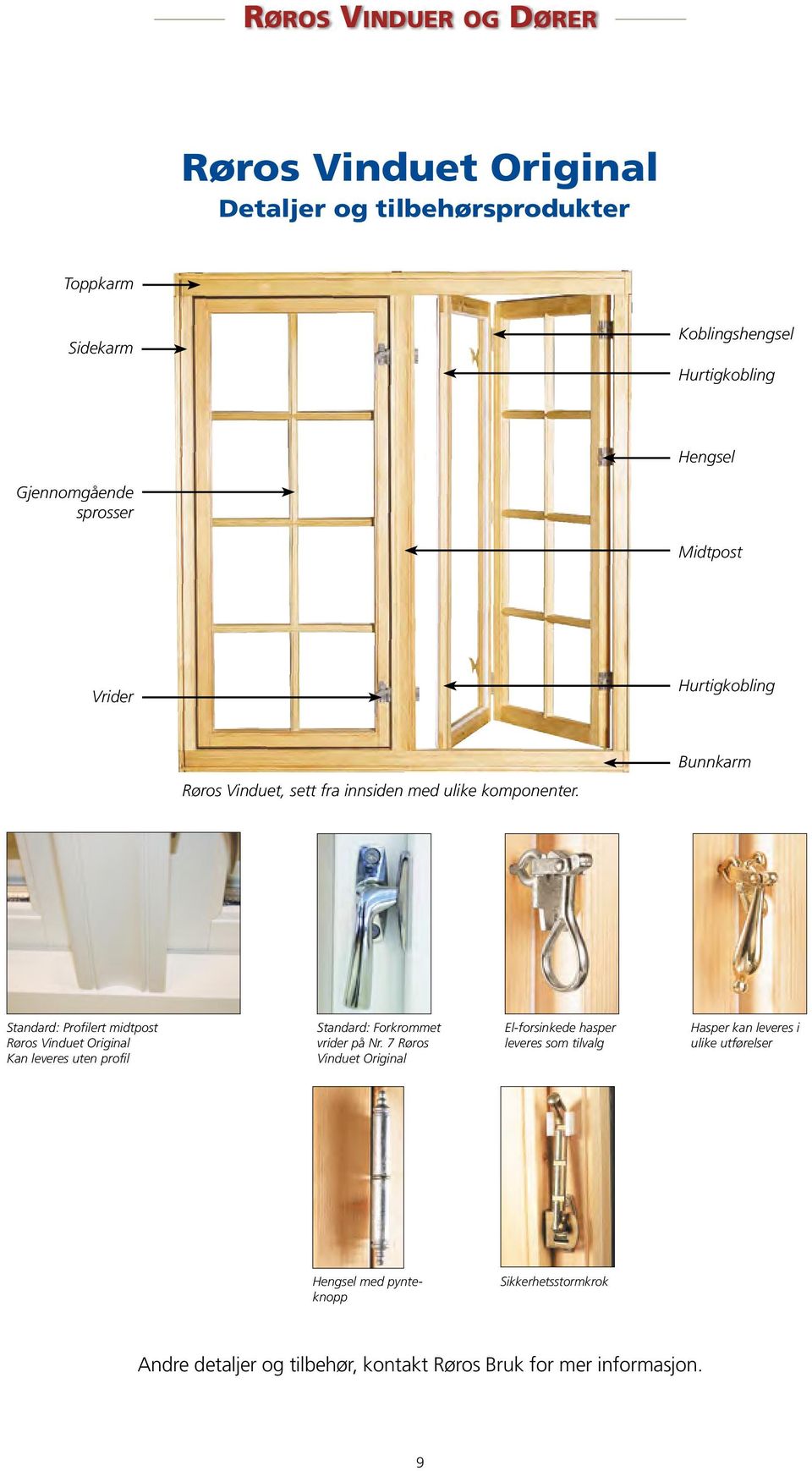 Bunnkarm Standard: Profilert midtpost Røros Vinduet Original Kan leveres uten profil Standard: Forkrommet vrider på Nr.