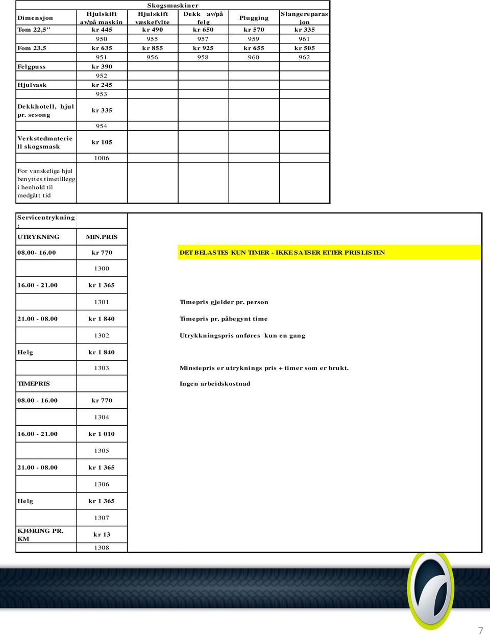 sesong kr 335 954 Verkstedmaterie ll skogsmask kr 105 1006 For vanskelige hjul benyttes timetillegg i henhold til medgått tid Serviceutrykning : UTRYKNING MIN.PRIS 08.00-16.