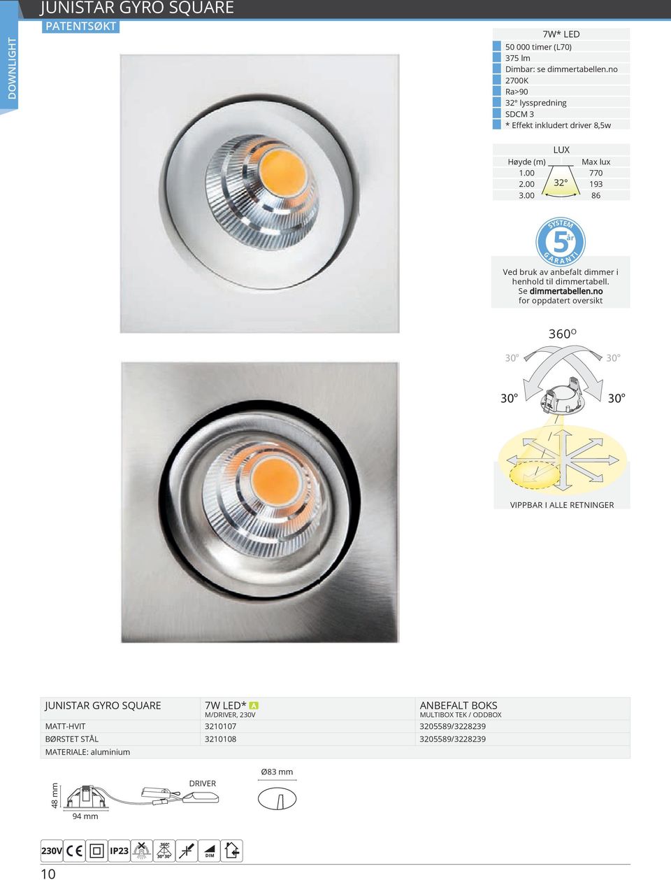 00 86 år 5 SYSTEM G A R A N I T Ved bruk av anbefalt dimmer i henhold til dimmertabell. Se dimmertabellen.