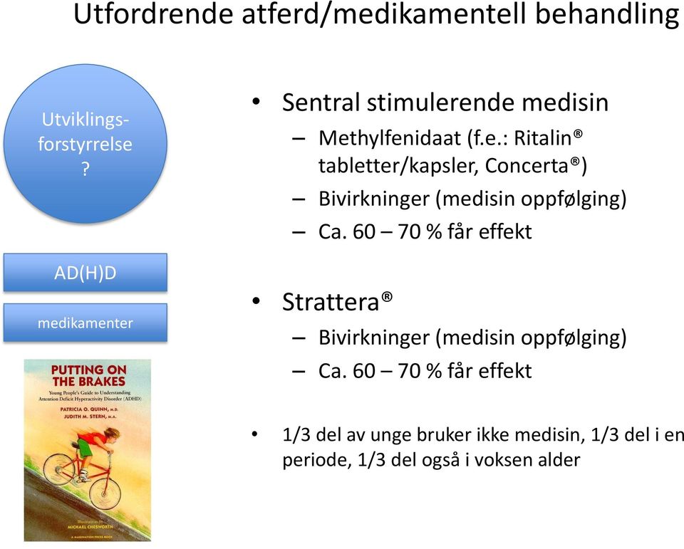 ter Sentral stimulerende medisin Methylfenidaat (f.e.: Ritalin tabletter/kapsler, Concerta ) Bivirkninger (medisin oppfølging) Ca.