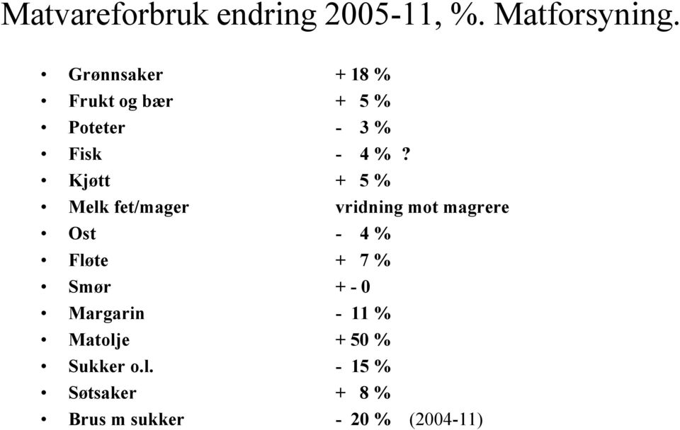 Kjøtt + 5 % Melk fet/mager vridning mot magrere Ost - 4 % Fløte + 7 %