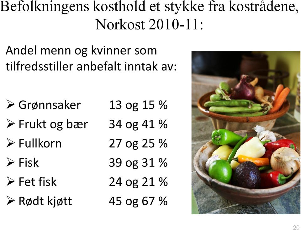 inntak av: Grønnsaker 13 og 15 % Frukt og bær 34 og 41 %