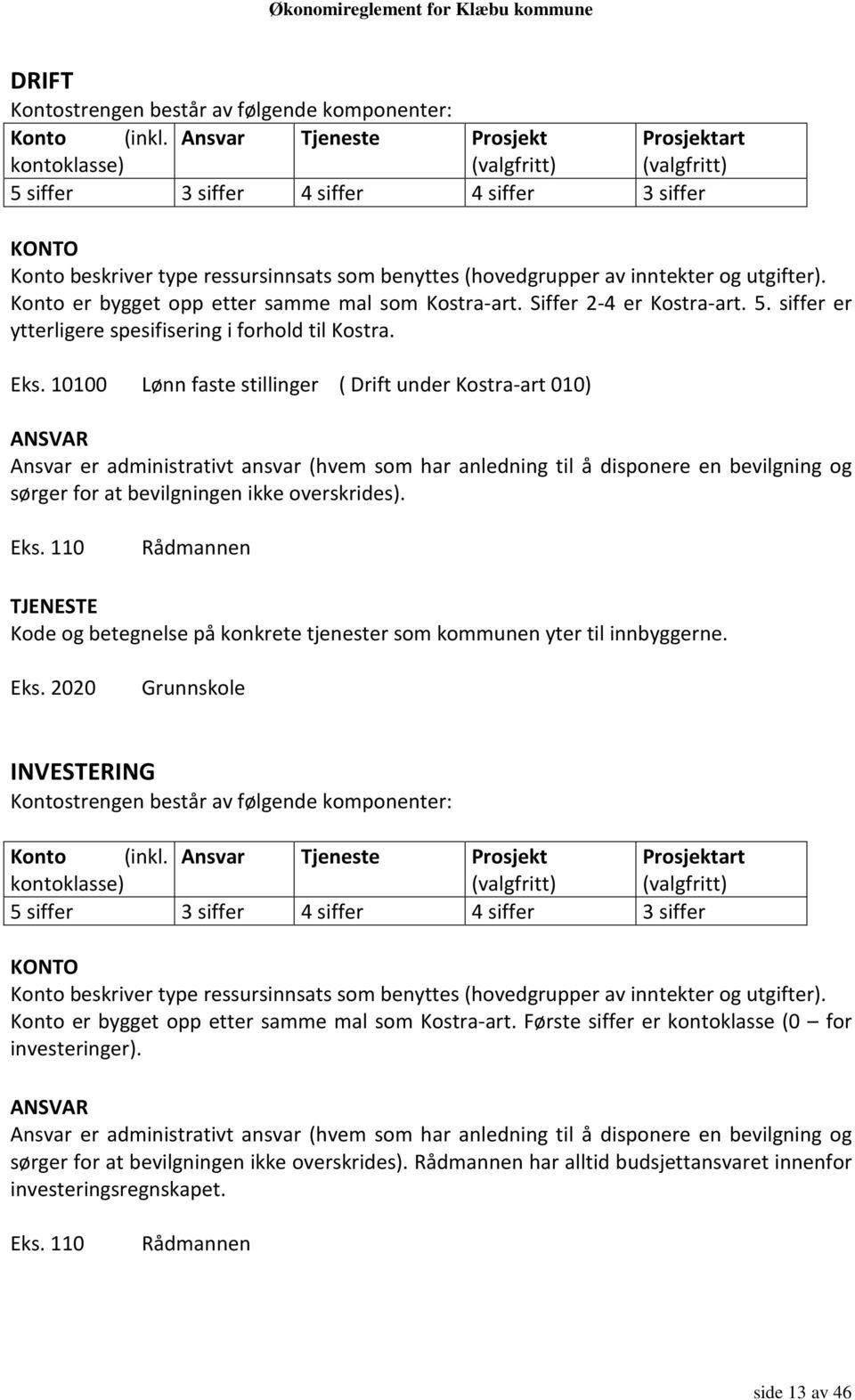 inntekter og utgifter). Konto er bygget opp etter samme mal som Kostra-art. Siffer 2-4 er Kostra-art. 5. siffer er ytterligere spesifisering i forhold til Kostra. Eks.