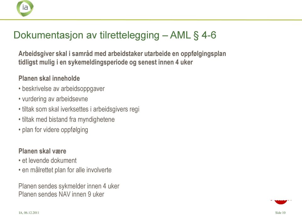 som skal iverksettes i arbeidsgivers regi tiltak med bistand fra myndighetene plan for videre oppfølging Planen skal være et levende