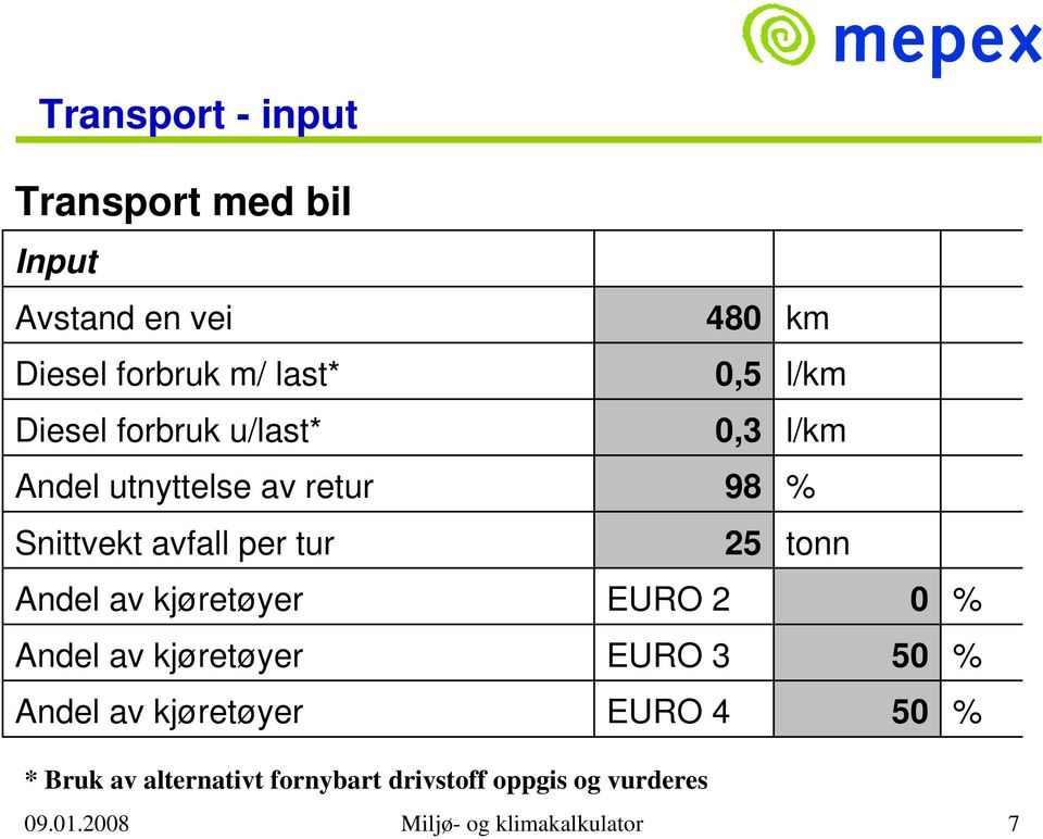 Andel av kjøretøyer EURO 2 0 % Andel av kjøretøyer EURO 3 50 % Andel av kjøretøyer EURO 4 50 % *