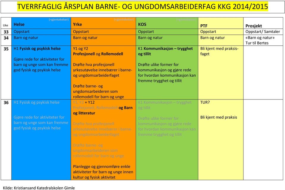 helse 36 H1 Fysisk og psykisk helse Gjøre rede for aktiviteter for barn og unge som kan fremme god fysisk og psykisk helse Y1 og Y2 Profesjonell og Rollemodell Drøfte hva profesjonell yrkesutøvelse