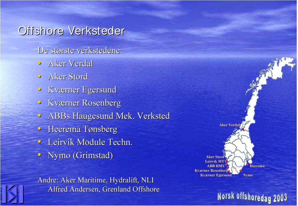 Nymo (Grimstad) Andre: Aker Maritime, Hydralift,, NLI Alfred Andersen, Grenland
