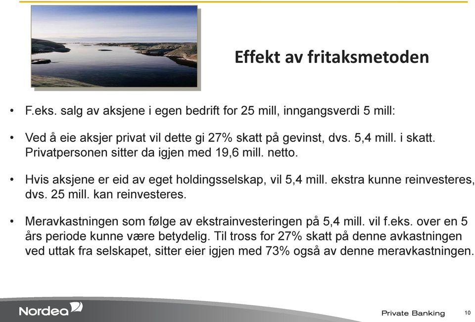 Privatpersonen sitter da igjen med 19,6 mill. netto. Hvis aksjene er eid av eget holdingsselskap, vil 5,4 mill. ekstra kunne reinvesteres, dvs.