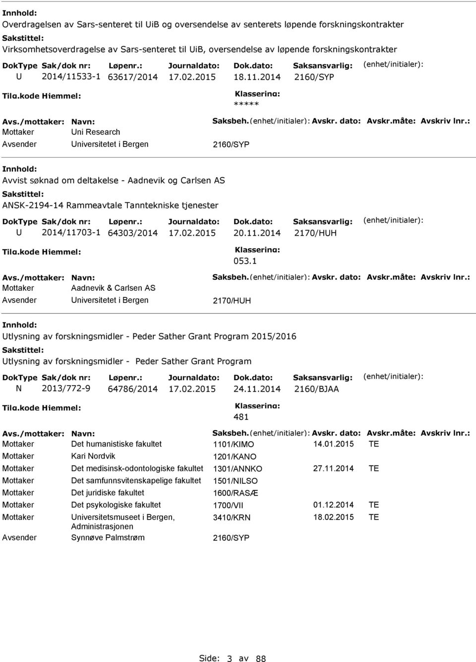 : Mottaker ni Research niversitetet i Bergen 2160/SY Avvist søknad om deltakelse - Aadnevik og Carlsen AS ASK-2194-14 Rammeavtale Tanntekniske tjenester 2014/11703-1 64303/2014 20.11.2014 2170/HH 053.