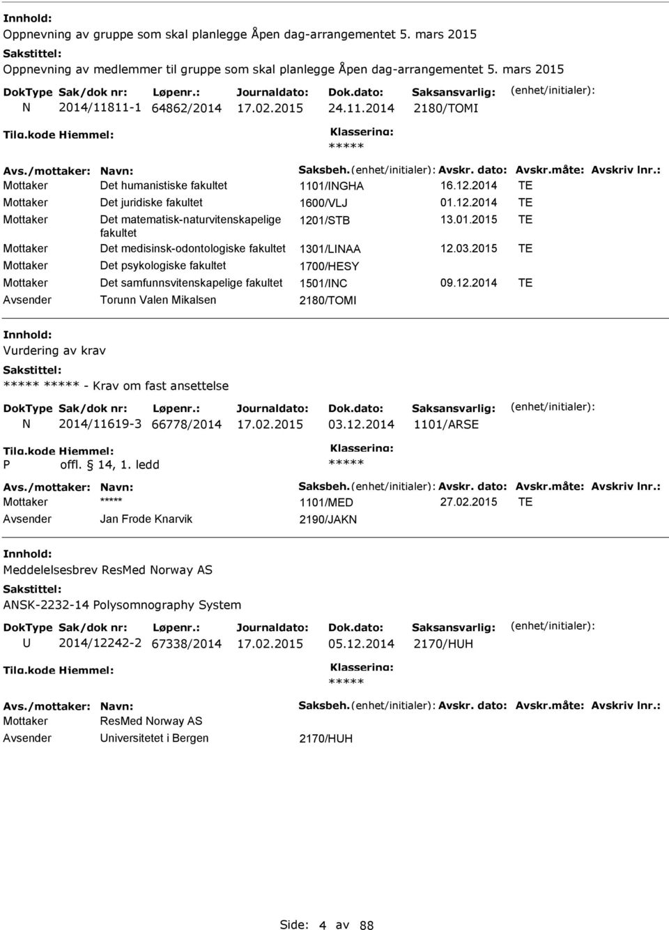 01.2015 TE fakultet Mottaker Det medisinsk-odontologiske fakultet 1301/LAA 12.03.2015 TE Mottaker Det psykologiske fakultet 1700/HESY Mottaker Det samfunnsvitenskapelige fakultet 1501/C 09.12.2014 TE Torunn Valen Mikalsen 2180/TOM Vurdering av krav - Krav om fast ansettelse 2014/11619-3 66778/2014 03.