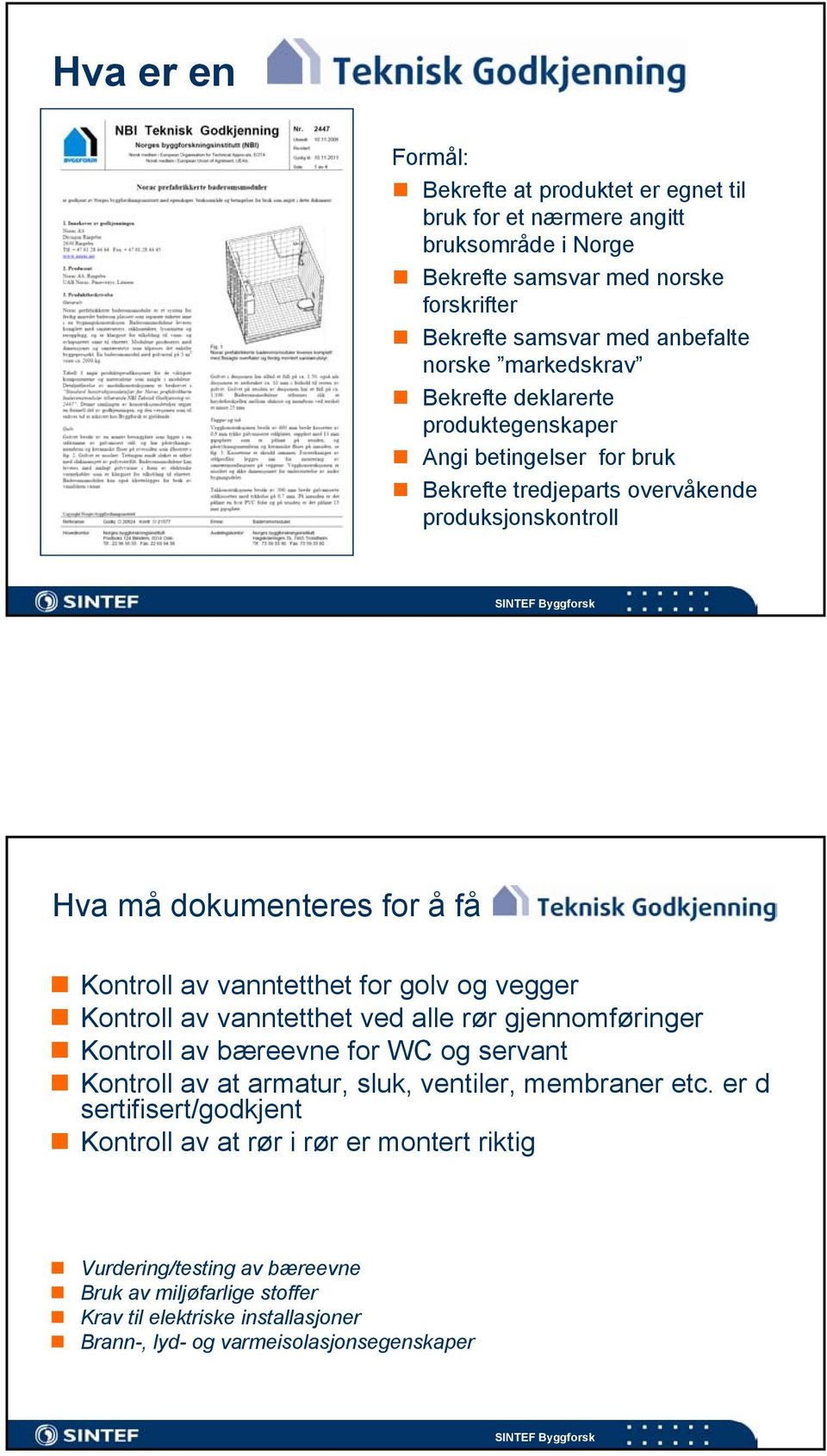 for golv og vegger Kontroll av vanntetthet ved alle rør gjennomføringer Kontroll av bæreevne for WC og servant Kontroll av at armatur, sluk, ventiler, membraner etc.