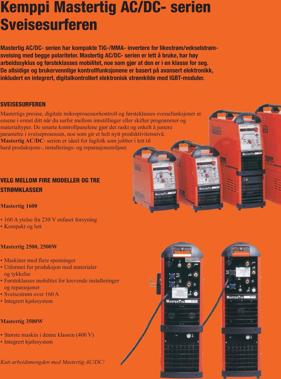 De allsidige og brukervennlige kontrollfunksjonene er basert på avansert elektronikk, inkludert en integrert, digitalkontrollert elektronisk strømkilde med IGBT-moduler.