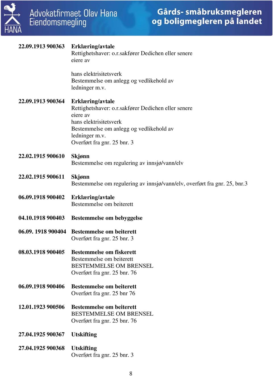 1915 900610 Skjønn Bestemmelse om regulering av innsjø/vann/elv 22.02.1915 900611 Skjønn Bestemmelse om regulering av innsjø/vann/elv, overført fra gnr. 25, bnr.3 06.09.