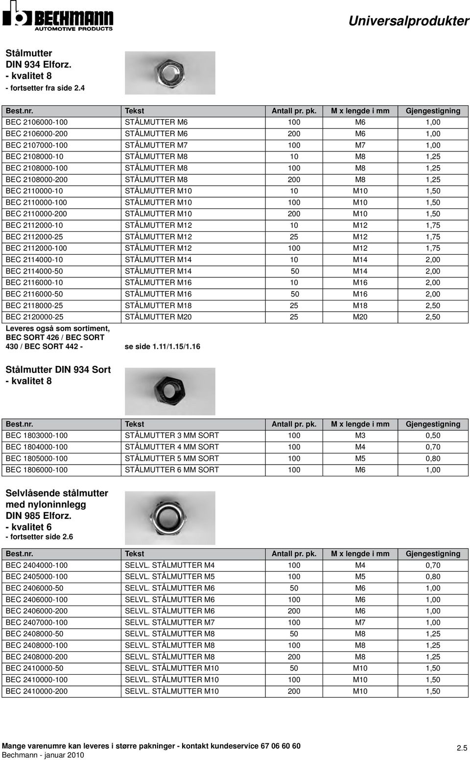 BEC 2108000-100 STÅLMUTTER M8 100 M8 1,25 BEC 2108000-200 STÅLMUTTER M8 200 M8 1,25 BEC 2110000-10 STÅLMUTTER M10 10 M10 1,50 BEC 2110000-100 STÅLMUTTER M10 100 M10 1,50 BEC 2110000-200 STÅLMUTTER