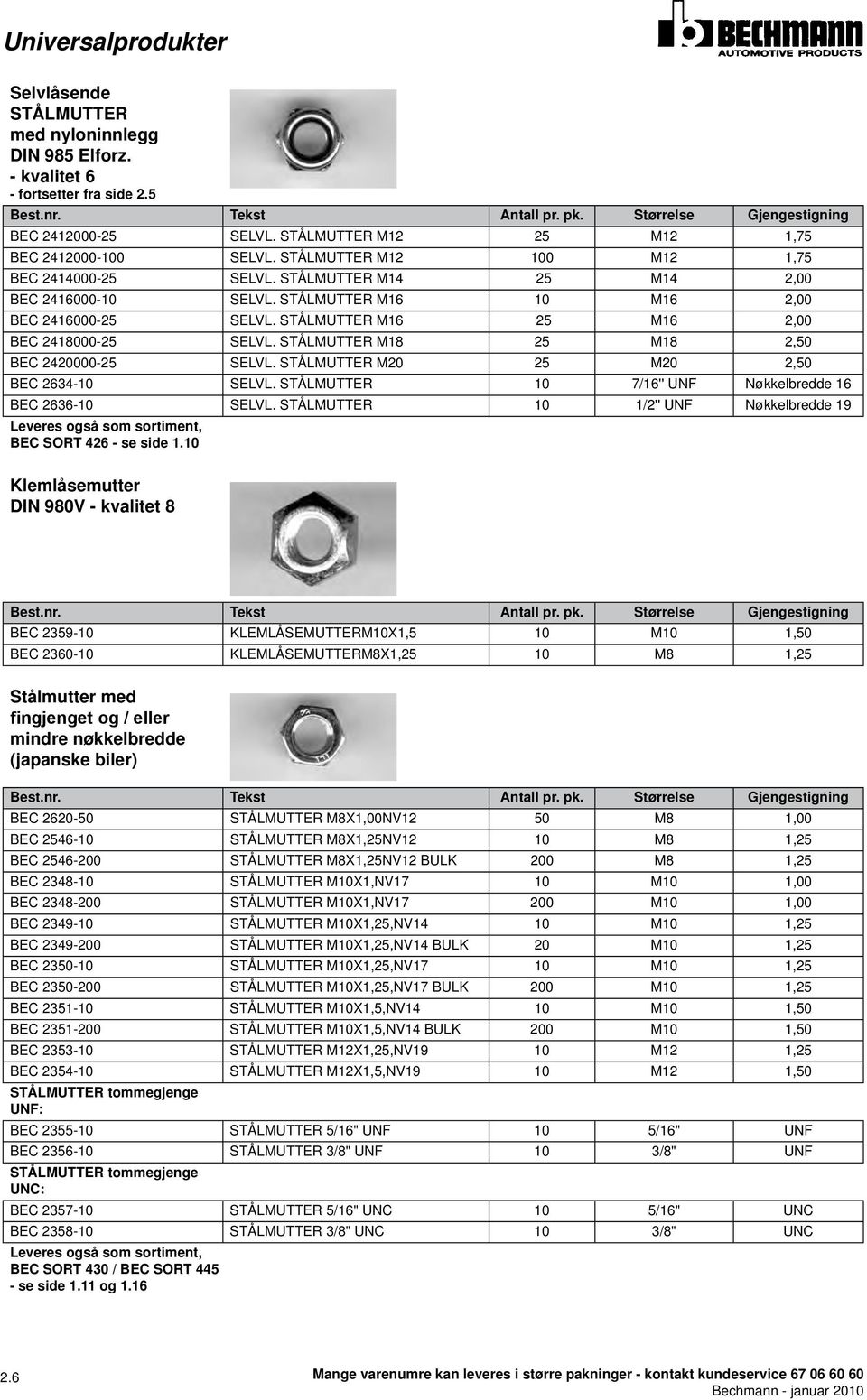 STÅLMUTTER M16 25 M16 2,00 BEC 2418000-25 SELVL. STÅLMUTTER M18 25 M18 2,50 BEC 2420000-25 SELVL. STÅLMUTTER M20 25 M20 2,50 BEC 2634-10 SELVL.