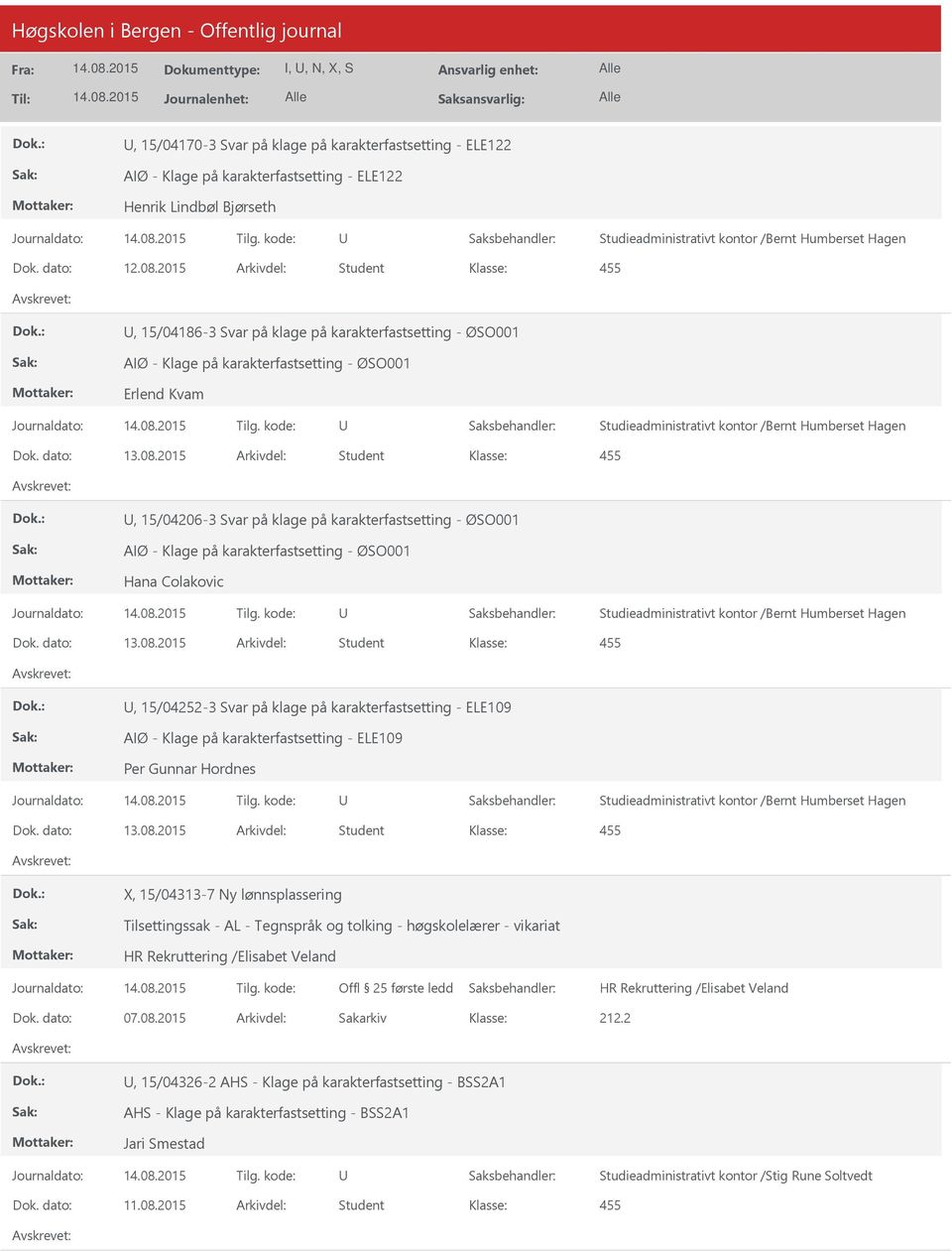 2015 Arkivdel: Student, 15/04186-3 Svar på klage på karakterfastsetting - ØSO001 AIØ - Klage på karakterfastsetting - ØSO001 Erlend Kvam Studieadministrativt kontor /Bernt Humberset Hagen Dok.