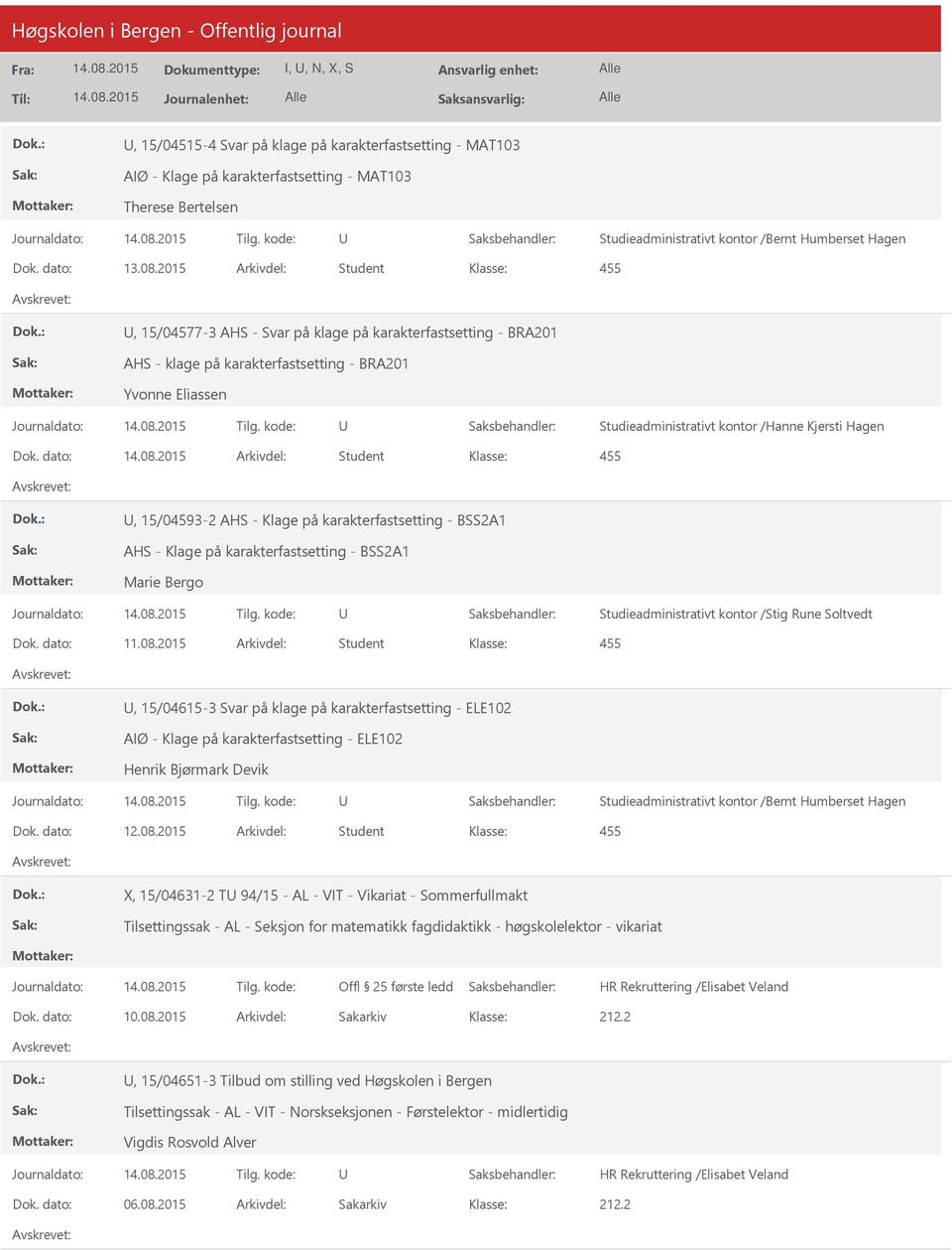 dato: Arkivdel: Student, 15/04593-2 AHS - Klage på karakterfastsetting - BSS2A1 AHS - Klage på karakterfastsetting - BSS2A1 Marie Bergo Studieadministrativt kontor /Stig Rune Soltvedt, 15/04615-3