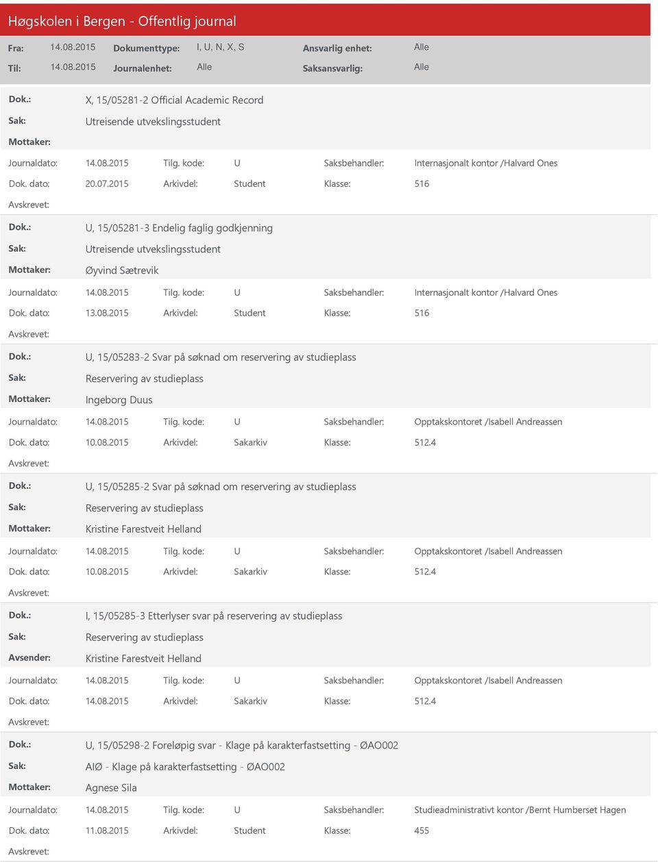 2015 Arkivdel: Student, 15/05283-2 Svar på søknad om reservering av studieplass Ingeborg Duus, 15/05285-2 Svar på søknad om reservering av studieplass Kristine Farestveit Helland I,
