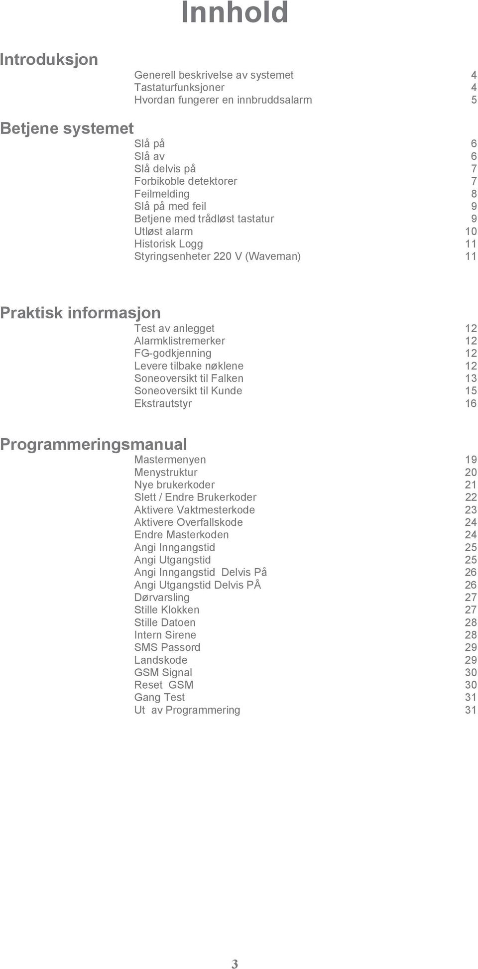 FG-godkjenning 12 Levere tilbake nøklene 12 Soneoversikt til Falken 13 Soneoversikt til Kunde 15 Ekstrautstyr 16 Programmeringsmanual Mastermenyen 19 Menystruktur 20 Nye brukerkoder 21 Slett / Endre