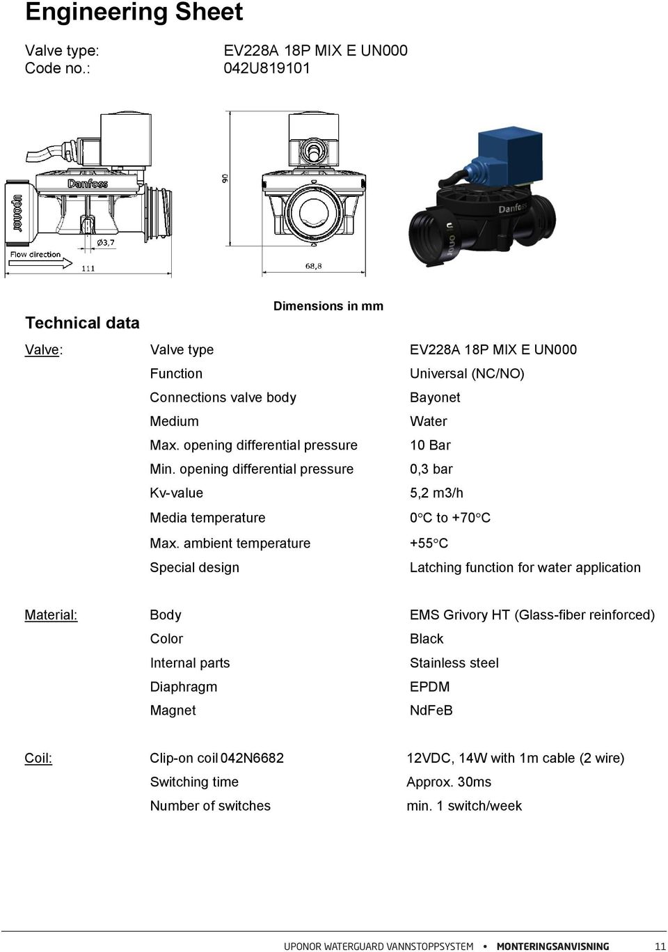 Max. opening differential pressure 10 Bar Min. opening differential pressure 0,3 bar Kv-value 5,2 m3/h Media temperature 0 C to +70 C Max.