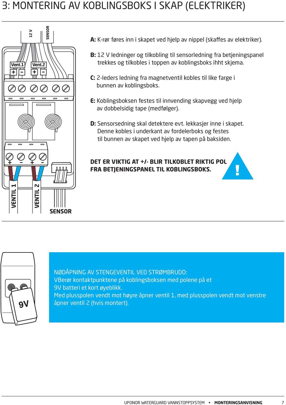 C: 2-leders ledning fra magnetventil kobles til like farge i bunnen av koblingsboks. E: koblingsboksen festes til innvending skapvegg ved hjelp av dobbelsidig tape (medfølger).