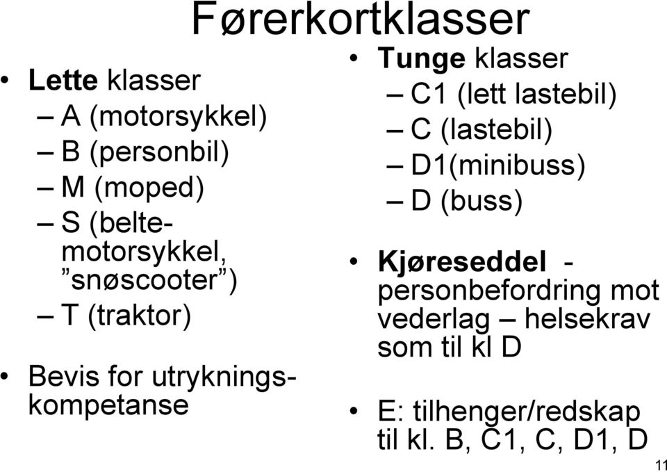 klasser C1 (lett lastebil) C (lastebil) D1(minibuss) D (buss) Kjøreseddel -