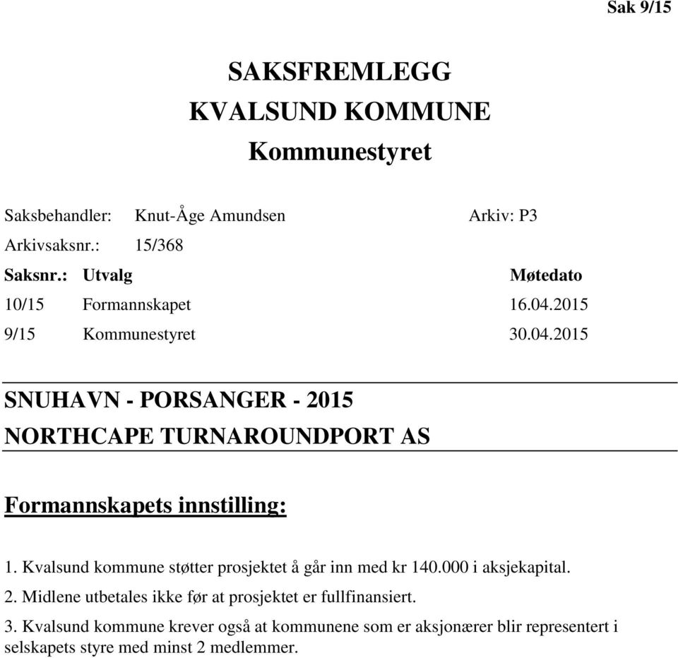 Kvalsund kommune støtter prosjektet å går inn med kr 140.000 i aksjekapital. 2.