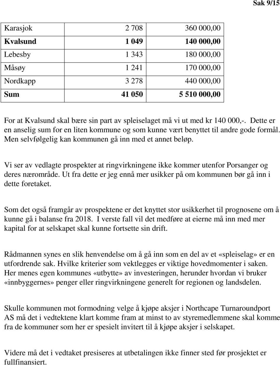 Vi ser av vedlagte prospekter at ringvirkningene ikke kommer utenfor Porsanger og deres nærområde. Ut fra dette er jeg ennå mer usikker på om kommunen bør gå inn i dette foretaket.