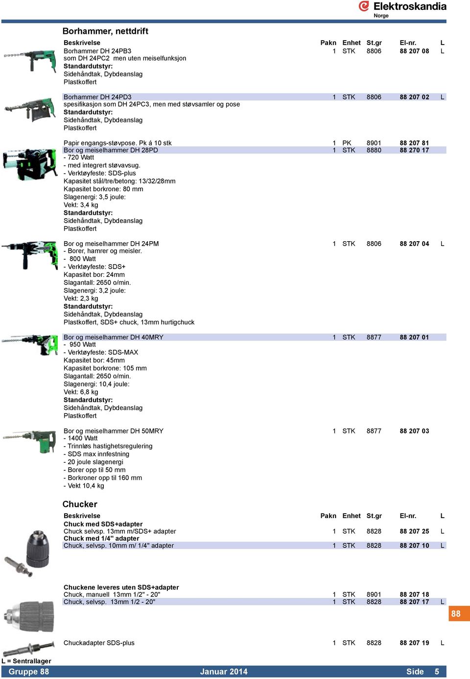 Pk á 10 stk 1 PK 8901 88 207 81 Bor og meiselhammer DH 28PD 1 STK 8880 88 270 17-720 Watt - med integrert støvavsug.