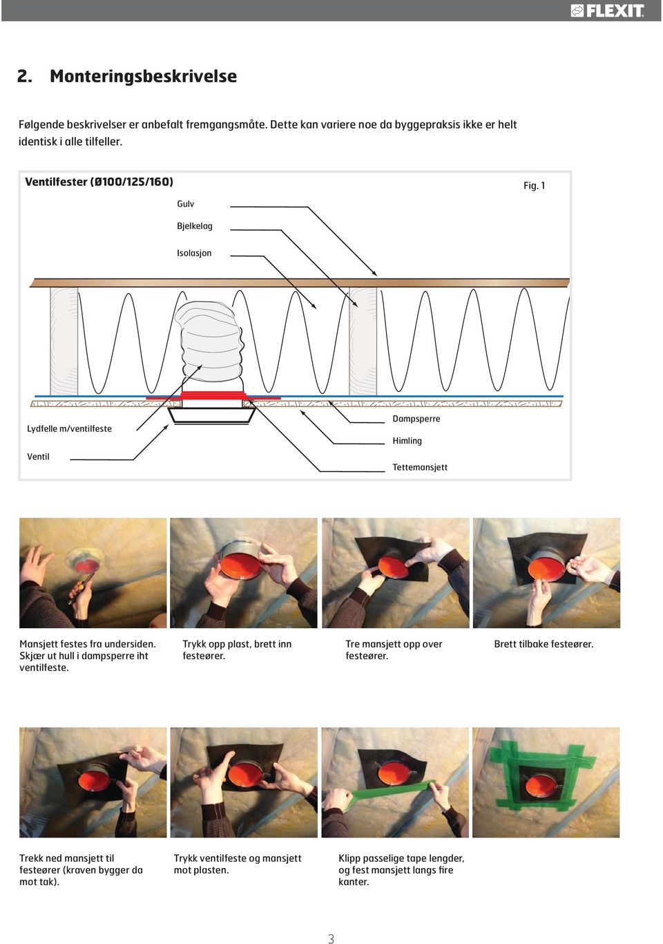 1 Gulv Bjelkelag Lydfelle m/ventilfeste Himling Ventil Mansjett festes fra undersiden. Skjær ut hull i dampsperre iht ventilfeste.