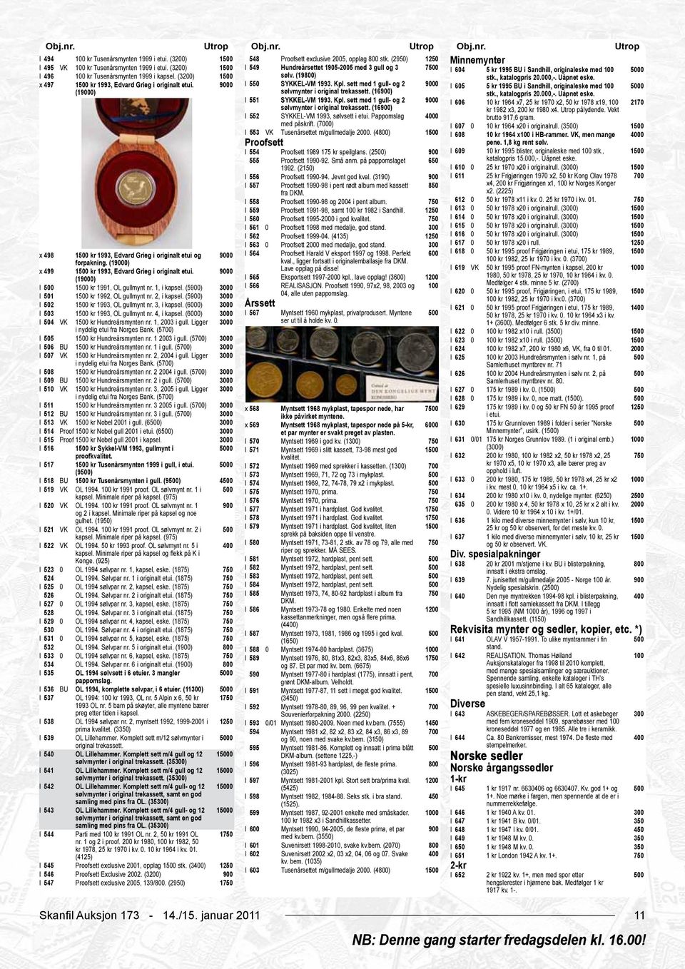 x 497 1 kr 1993, Edvard Grieg i originalt etui. 0 I 550 SYKKEL-VM 1993. Kpl. sett med 1 gull- og 2 0 I 605 5 kr 1995 BU i Sandhill, originaleske med 0 (10) sølvmynter i original trekassett. (16) stk.