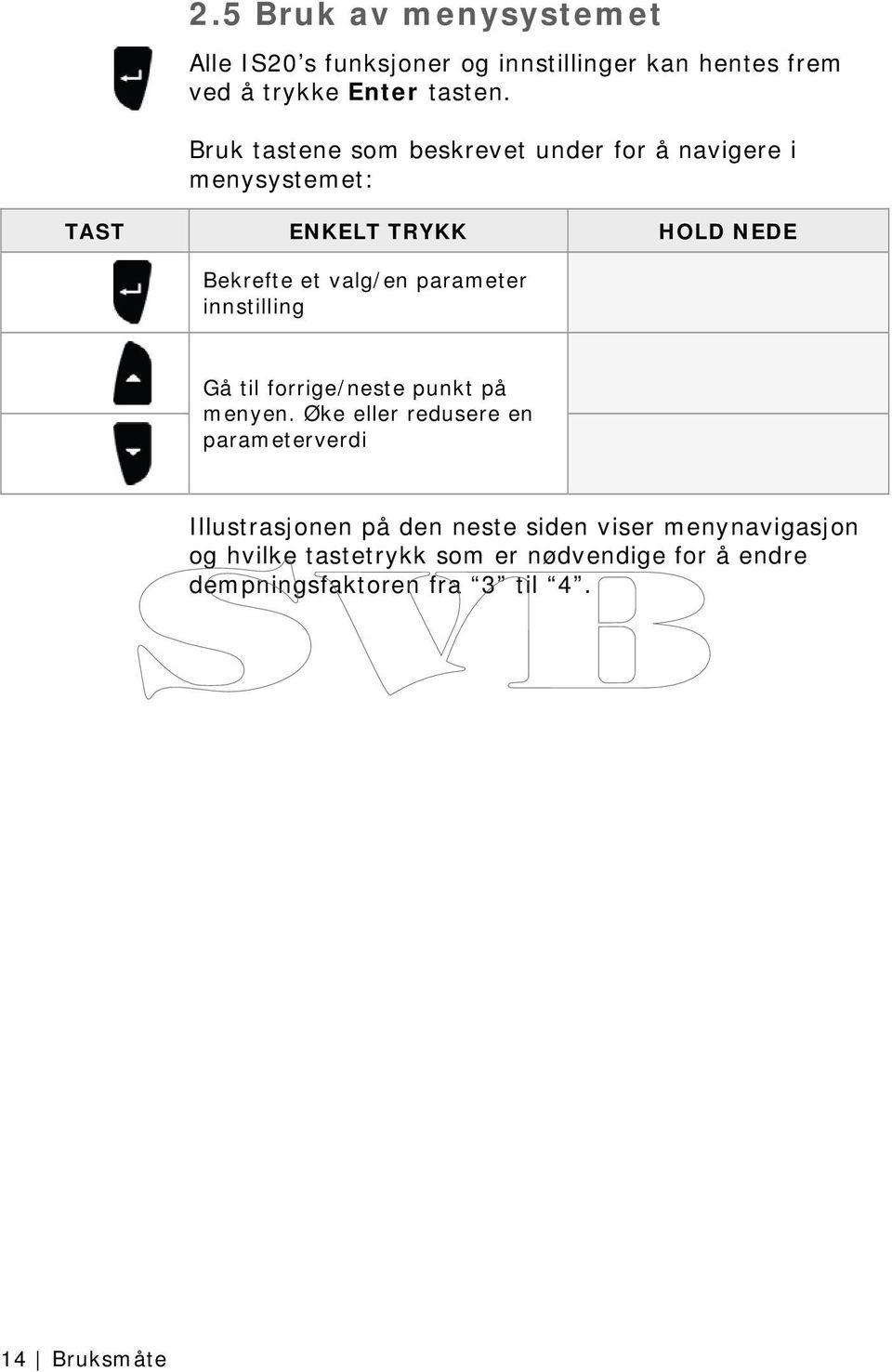 parameter innstilling Gå til forrige/neste punkt på menyen.