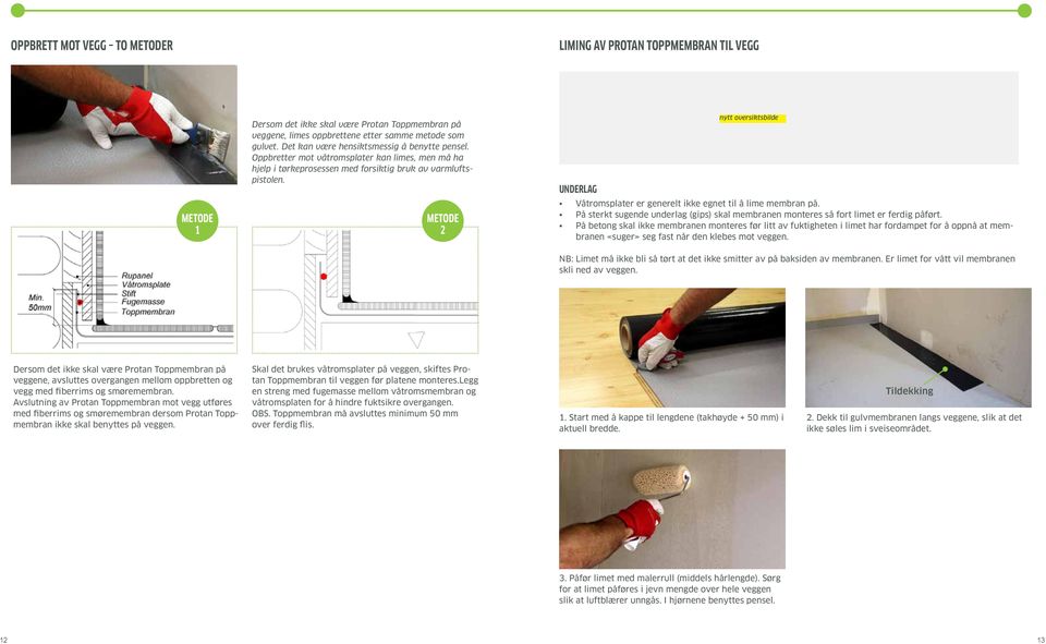 METODE 2 nytt oversiktsbilde UNDERLAG Våtromsplater er generelt ikke egnet til å lime membran på. På sterkt sugende underlag (gips) skal membranen monteres så fort limet er ferdig påført.