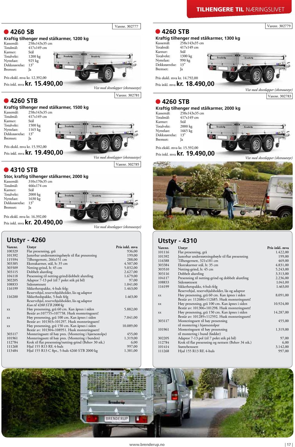 mva kr. 15.490,00 4260 STB Kraftig tilhenger med stålkarmer, 1500 kg Kassemål: 258x143x35 cm Totalmål: 417x149 cm Totalvekt: 1500 kg Nyttelast: 1165 kg Vist med skvetlapper (ekstrautstyr) Varenr.