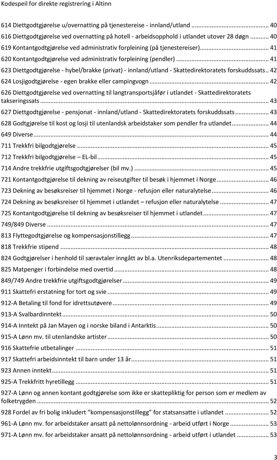 .. 41 623 Diettgodtgjørelse - hybel/brakke (privat) - innland/utland - Skattedirektoratets forskuddssats.. 42 624 Losjigodtgjørelse - egen brakke eller campingvogn.