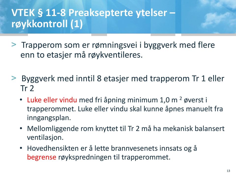 øverst i trapperommet Luke eller vindu skal kunne åpnes manuelt fra inngangsplan Mellomliggende rom knyttet til Tr må