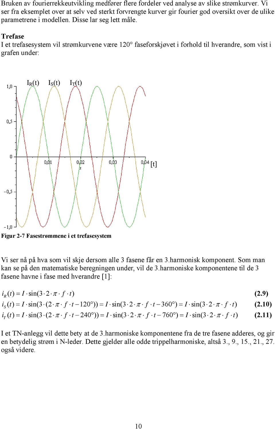Trefase I et trefasesystem vil strømkurvene være 120 faseforskjøvet i forhold til hverandre, som vist i grafen under: I R (t) I S (t) I T (t) [t] Figur 2-7 Fasestrømmene i et trefasesystem Vi ser nå